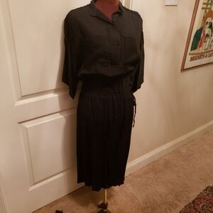 Silky Black Button-Up Dress With Drawstring And Heart-shaped Buttons